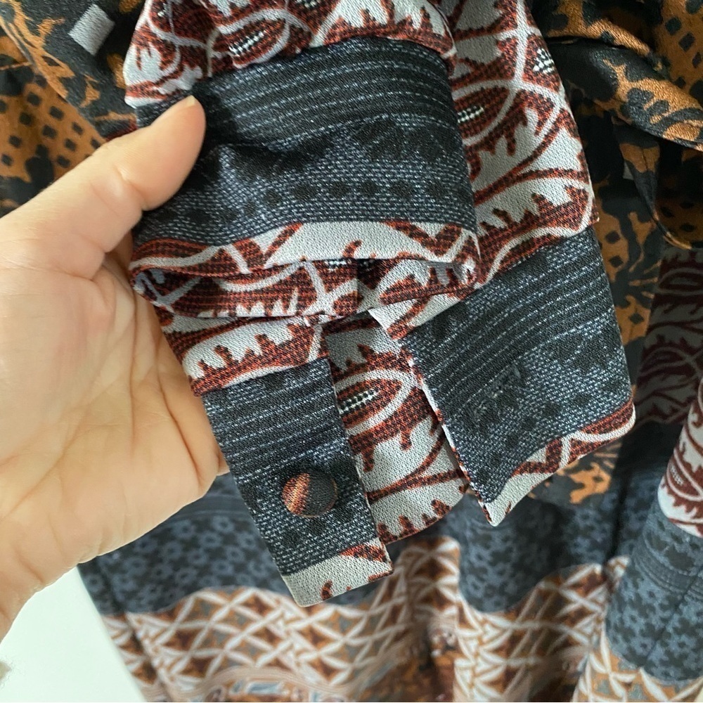 Vintage Geometric Floral Print Dress Brown Black Retro 60s 70s Womens Medium - Picture 5 of 9